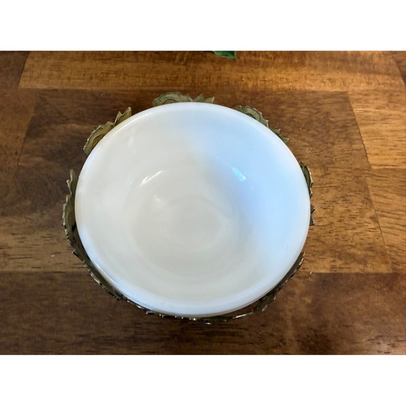 Vintage Milk Glass Bowl with Gold-Tone Floral Metal Overlay Pedestal Base Vanity - Picture 4 of 6